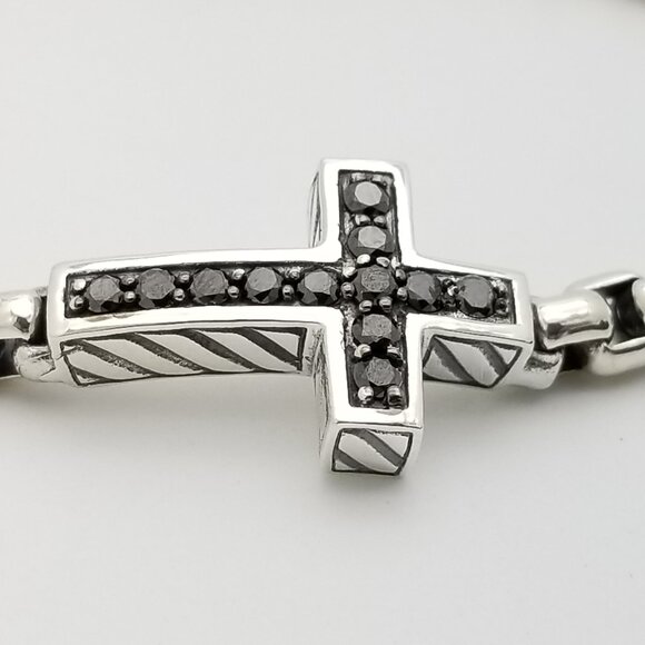 David Yurman Sterling Silver Black Diamonds Cross 8" Inch Box Chain Bracelet - Picture 5 of 9